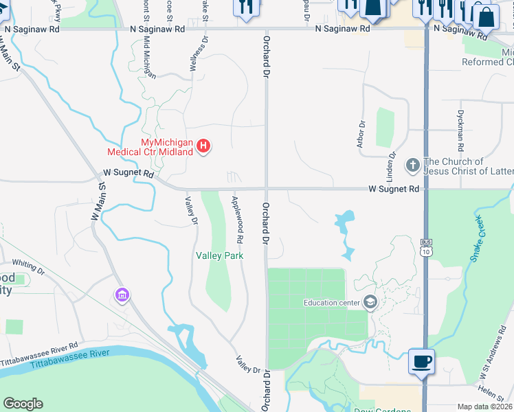 map of restaurants, bars, coffee shops, grocery stores, and more near 3902 Applewood Road in Midland