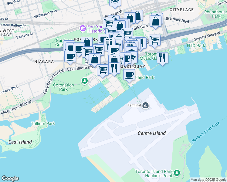 map of restaurants, bars, coffee shops, grocery stores, and more near 28 Stadium Road in Toronto