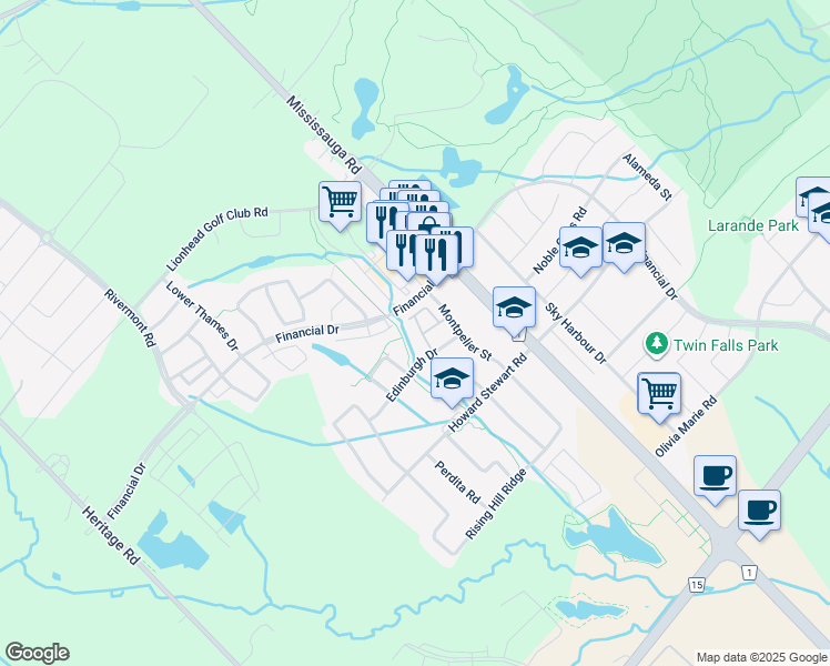 map of restaurants, bars, coffee shops, grocery stores, and more near 50 Edinburgh Drive in Brampton