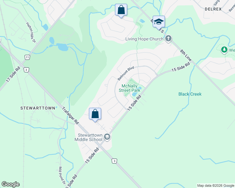 map of restaurants, bars, coffee shops, grocery stores, and more near 92 Belmont Boulevard in Halton Hills