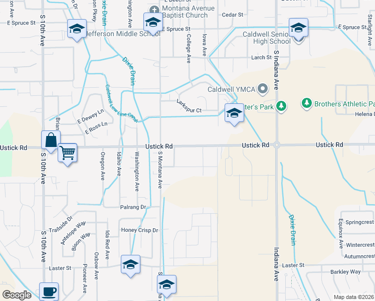 map of restaurants, bars, coffee shops, grocery stores, and more near 4117 Clock Tower Avenue in Caldwell