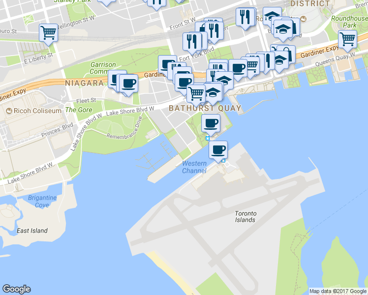 map of restaurants, bars, coffee shops, grocery stores, and more near in Toronto