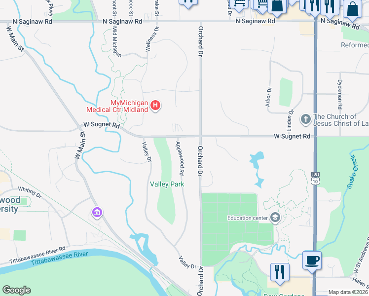 map of restaurants, bars, coffee shops, grocery stores, and more near 3902 Applewood Road in Midland