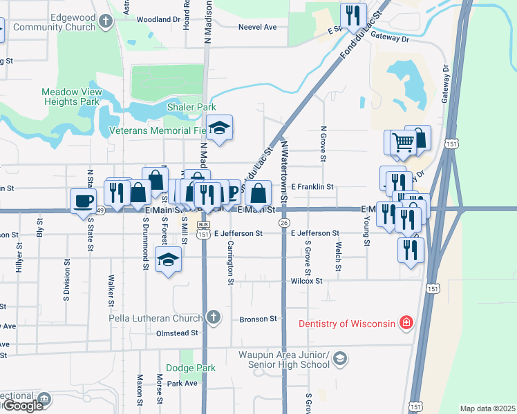 map of restaurants, bars, coffee shops, grocery stores, and more near 534 East Main Street in Waupun