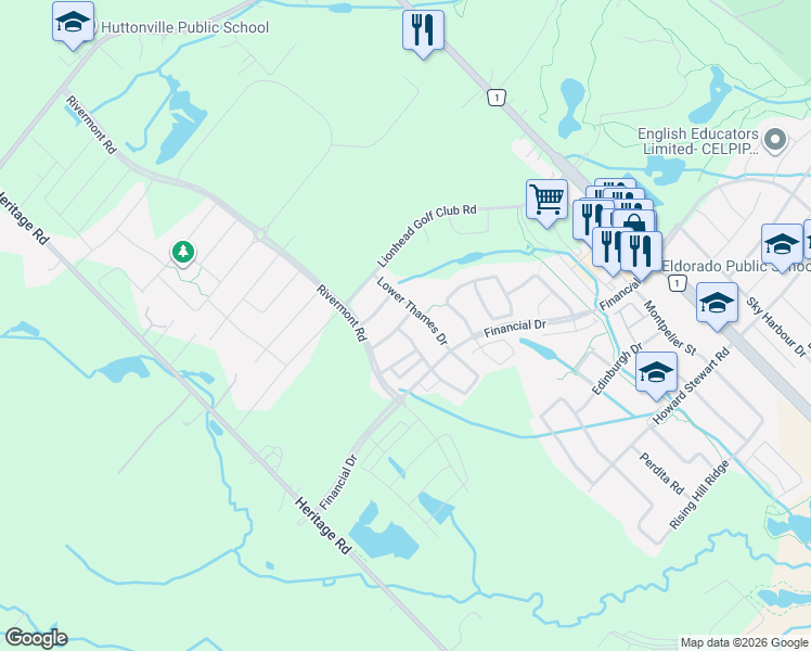 map of restaurants, bars, coffee shops, grocery stores, and more near 16 Mussle White Road in Brampton