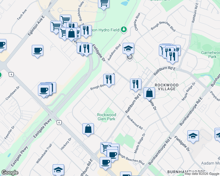 map of restaurants, bars, coffee shops, grocery stores, and more near 1596 Corkstone Glade in Mississauga