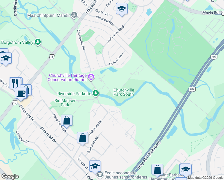 map of restaurants, bars, coffee shops, grocery stores, and more near 174 Victoria Street in Brampton