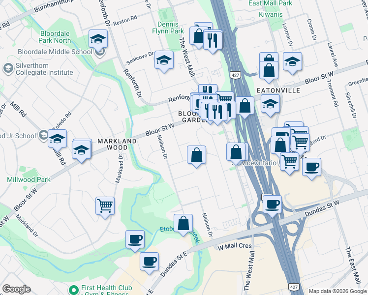 map of restaurants, bars, coffee shops, grocery stores, and more near 3 Avery Avenue in Toronto