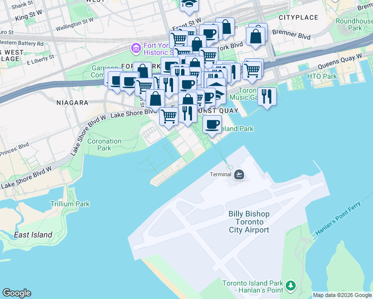 map of restaurants, bars, coffee shops, grocery stores, and more near in Toronto