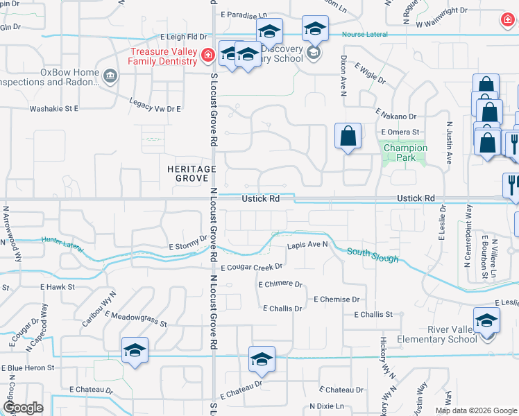 map of restaurants, bars, coffee shops, grocery stores, and more near 1866 East Ringneck Street in Meridian