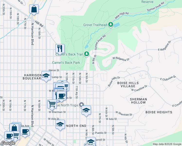 map of restaurants, bars, coffee shops, grocery stores, and more near 2117 North 8th Street in Boise