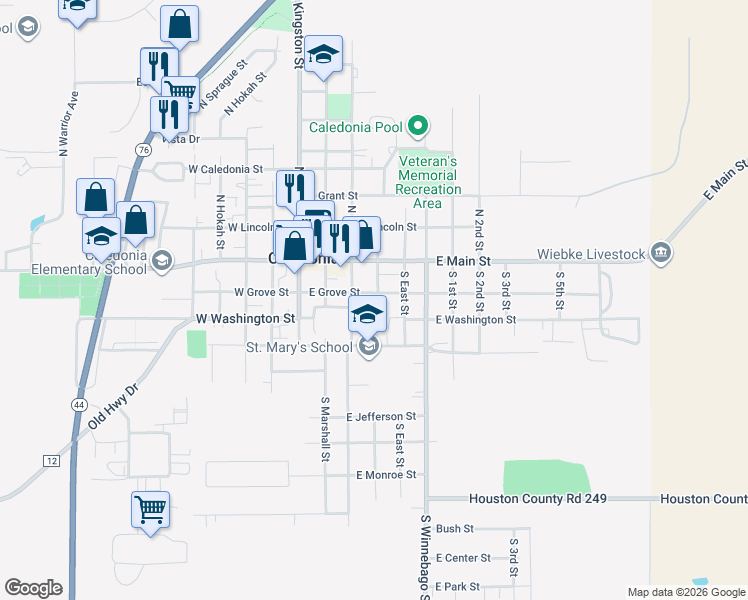 map of restaurants, bars, coffee shops, grocery stores, and more near 318 East Grove Street in Caledonia