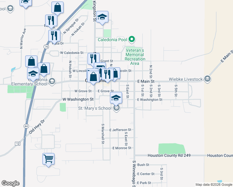 map of restaurants, bars, coffee shops, grocery stores, and more near 318 East Grove Street in Caledonia