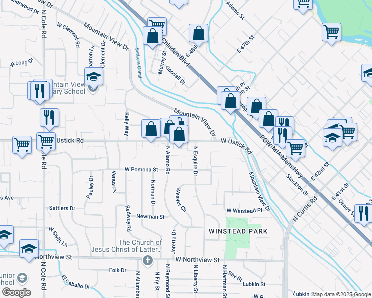 map of restaurants, bars, coffee shops, grocery stores, and more near 6421 West Ustick Road in Boise