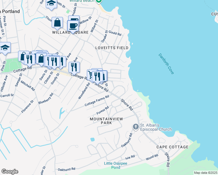 map of restaurants, bars, coffee shops, grocery stores, and more near 596 Preble Street in Cape Elizabeth