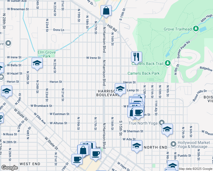 map of restaurants, bars, coffee shops, grocery stores, and more near 1610 North Harrison Boulevard in Boise