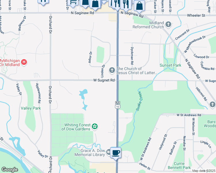 map of restaurants, bars, coffee shops, grocery stores, and more near 1801 West Sugnet Road in Midland