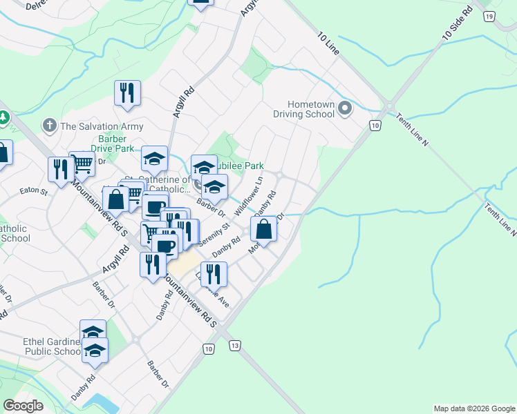 map of restaurants, bars, coffee shops, grocery stores, and more near 15151 Danby Road in Halton Hills