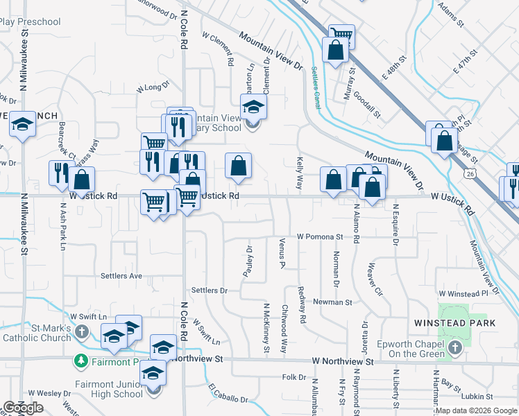 map of restaurants, bars, coffee shops, grocery stores, and more near 7014 West San Fernando Drive in Boise