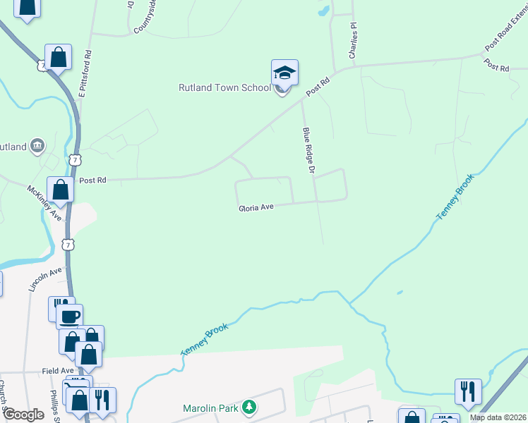 map of restaurants, bars, coffee shops, grocery stores, and more near 206 Gloria Avenue in Rutland