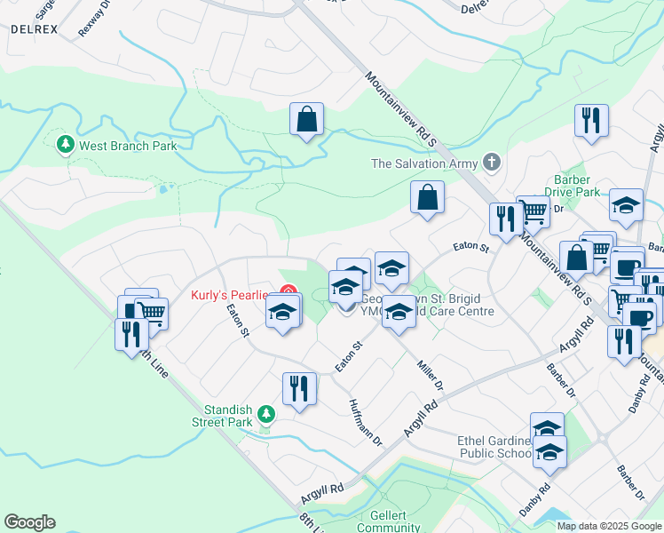 map of restaurants, bars, coffee shops, grocery stores, and more near 98 Miller Drive in Halton Hills