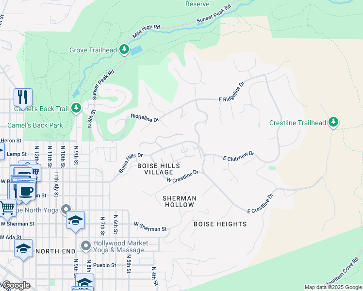 map of restaurants, bars, coffee shops, grocery stores, and more near 267 West Groveview Lane in Boise