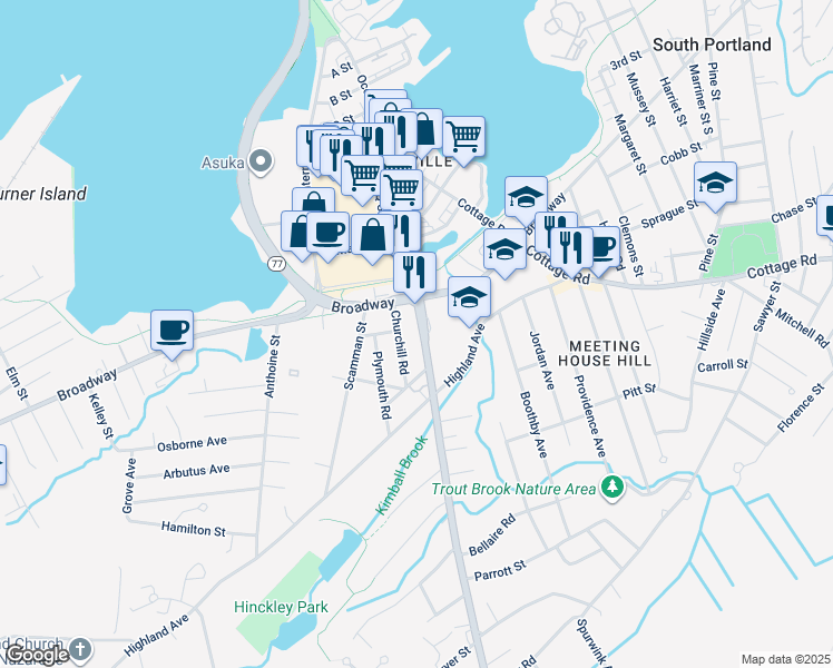 map of restaurants, bars, coffee shops, grocery stores, and more near 255 Ocean Street in South Portland