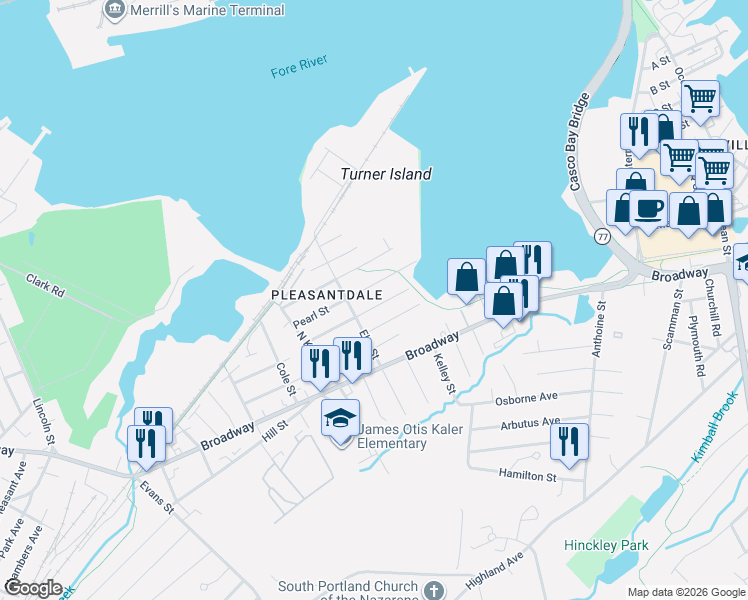 map of restaurants, bars, coffee shops, grocery stores, and more near 49 Chapel Street in South Portland