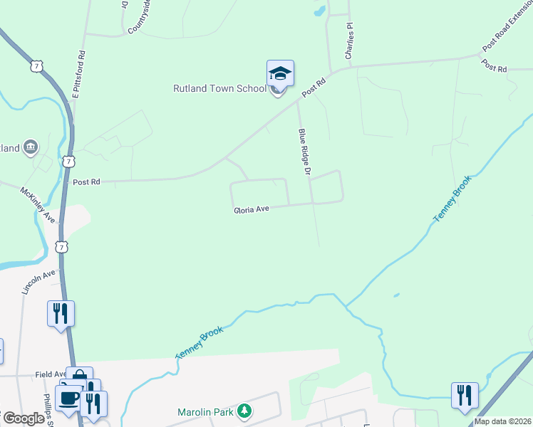 map of restaurants, bars, coffee shops, grocery stores, and more near 206 Gloria Avenue in Rutland