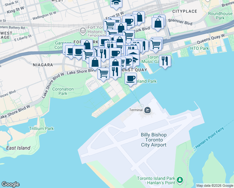 map of restaurants, bars, coffee shops, grocery stores, and more near Stadium Road in Toronto