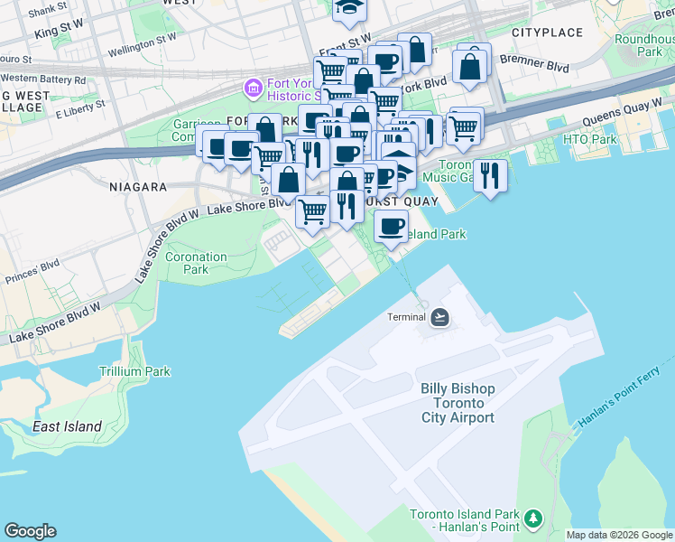 map of restaurants, bars, coffee shops, grocery stores, and more near 30 Stadium Road in Toronto