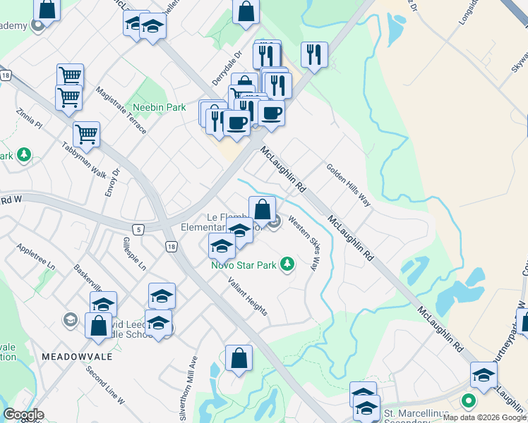 map of restaurants, bars, coffee shops, grocery stores, and more near 6900 Amour Terrace in Mississauga