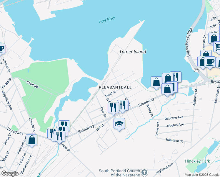 map of restaurants, bars, coffee shops, grocery stores, and more near 68 Chestnut Street in South Portland
