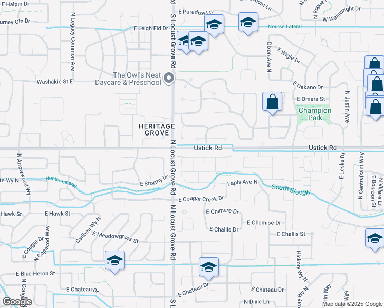 map of restaurants, bars, coffee shops, grocery stores, and more near 1724 East Ringneck Street in Meridian