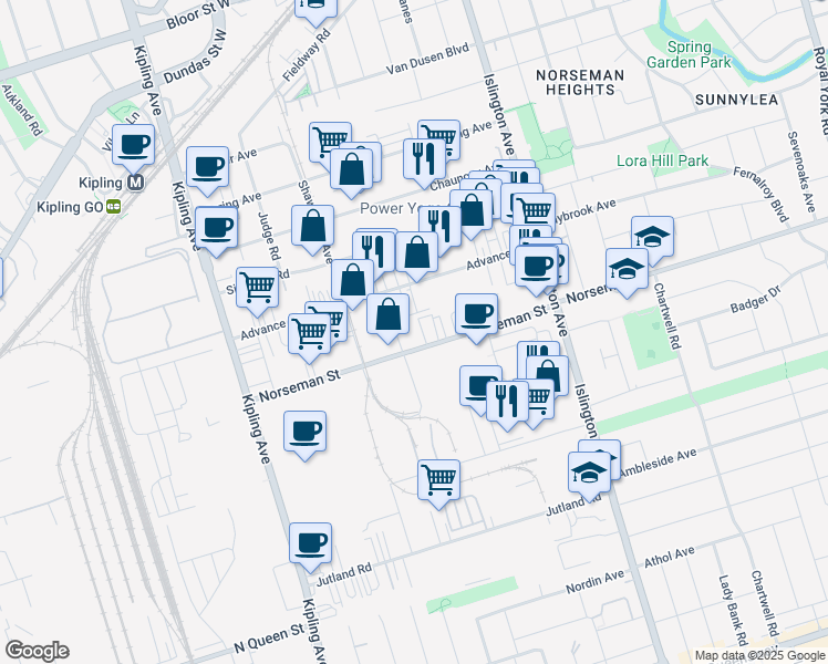 map of restaurants, bars, coffee shops, grocery stores, and more near 180 Norseman Street in Toronto