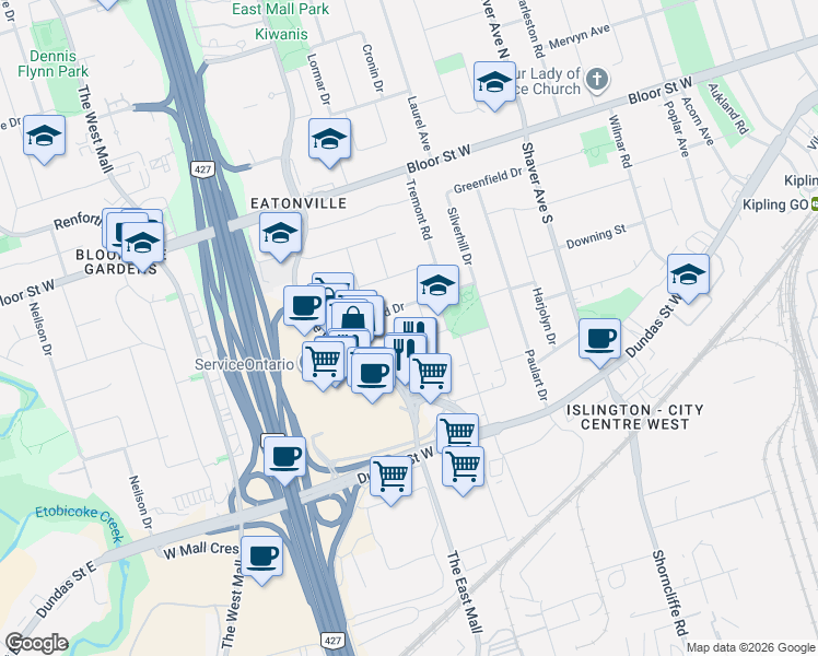 map of restaurants, bars, coffee shops, grocery stores, and more near 8 Yarn Road in Toronto
