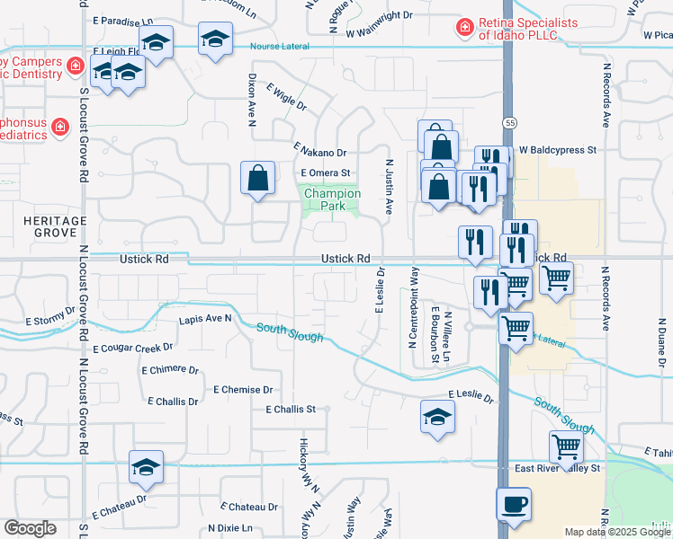 map of restaurants, bars, coffee shops, grocery stores, and more near 2562 East Ringneck Street in Meridian
