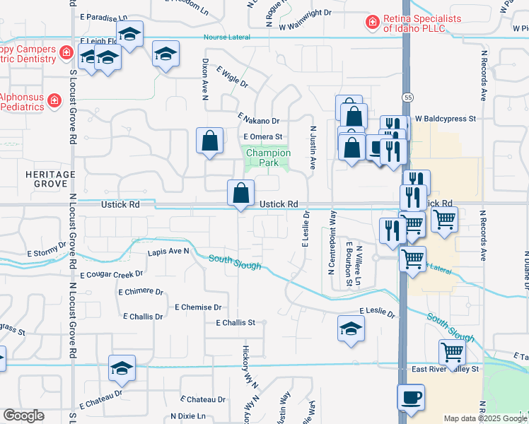map of restaurants, bars, coffee shops, grocery stores, and more near 2562 East Ringneck Street in Meridian