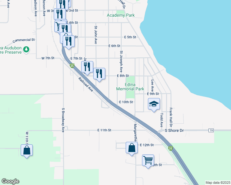 map of restaurants, bars, coffee shops, grocery stores, and more near 1508 Edina Avenue in Albert Lea