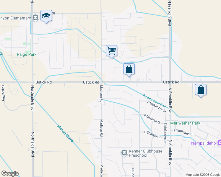 map of restaurants, bars, coffee shops, grocery stores, and more near 8454 East Rathdrum Drive in Nampa