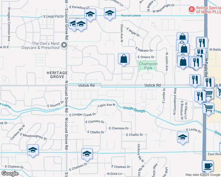 map of restaurants, bars, coffee shops, grocery stores, and more near 2090 East Ringneck Street in Meridian
