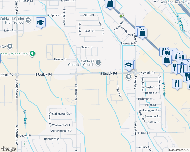 map of restaurants, bars, coffee shops, grocery stores, and more near 3102 East Ustick Road in Caldwell