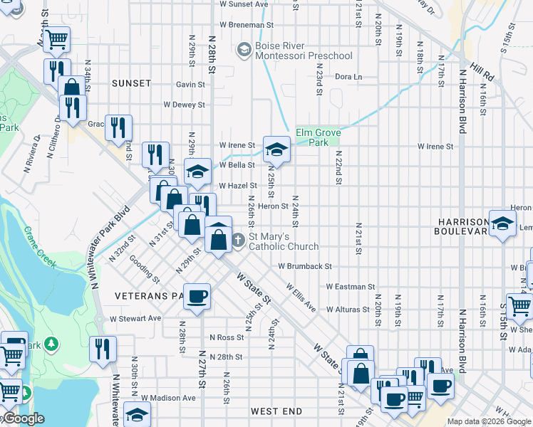 map of restaurants, bars, coffee shops, grocery stores, and more near 1415 North 25th Street in Boise
