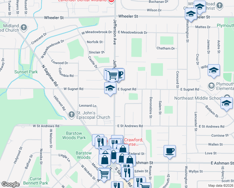 map of restaurants, bars, coffee shops, grocery stores, and more near 3910 Jefferson Avenue in Midland