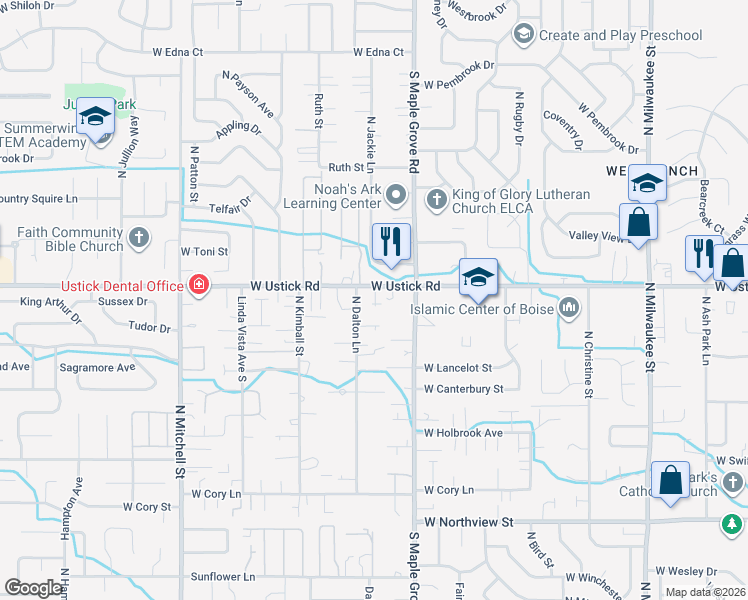 map of restaurants, bars, coffee shops, grocery stores, and more near 9151 West Ustick Road in Boise