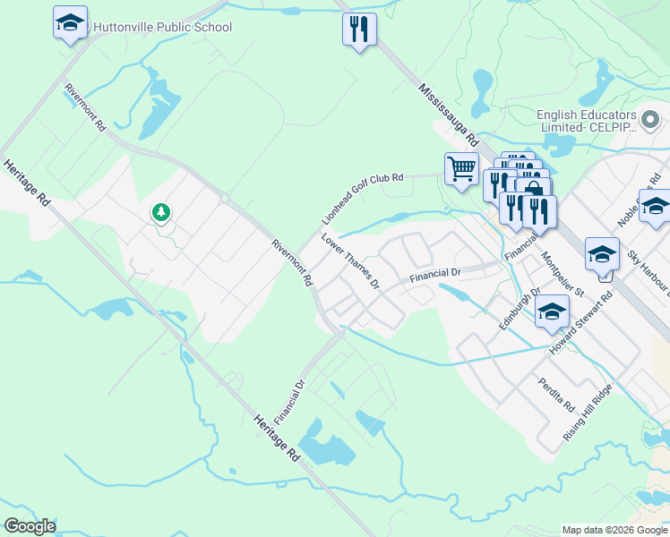 map of restaurants, bars, coffee shops, grocery stores, and more near 16 Mussle White Road in Brampton
