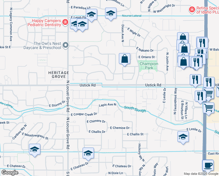 map of restaurants, bars, coffee shops, grocery stores, and more near 2090 East Ringneck Street in Meridian