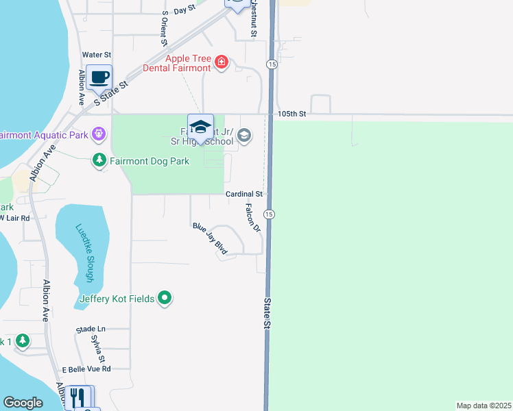 map of restaurants, bars, coffee shops, grocery stores, and more near 1511 Falcon Drive in Fairmont