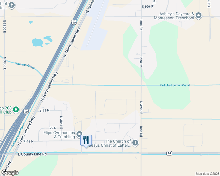 map of restaurants, bars, coffee shops, grocery stores, and more near 3875 East Pepperwood Lane in Rigby