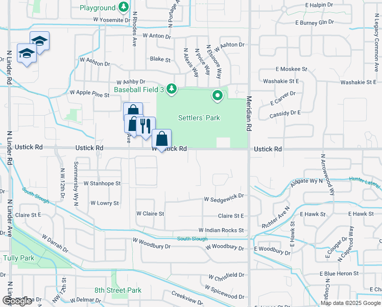 map of restaurants, bars, coffee shops, grocery stores, and more near 405 West Ustick Road in Meridian